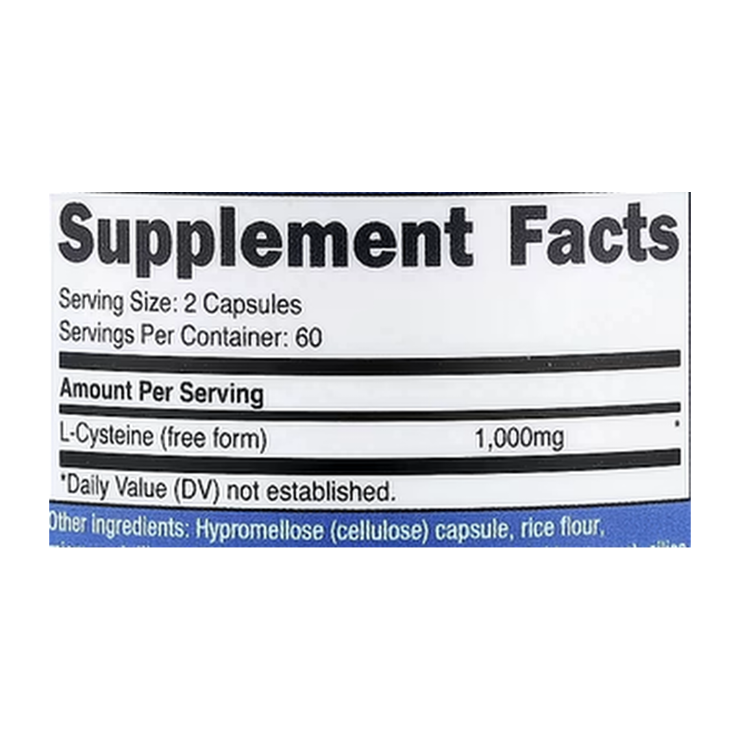 Nutricost, L-Cysteine, 120 Capsules supplement facts label showing ingredients, vitamins, minerals, and serving information