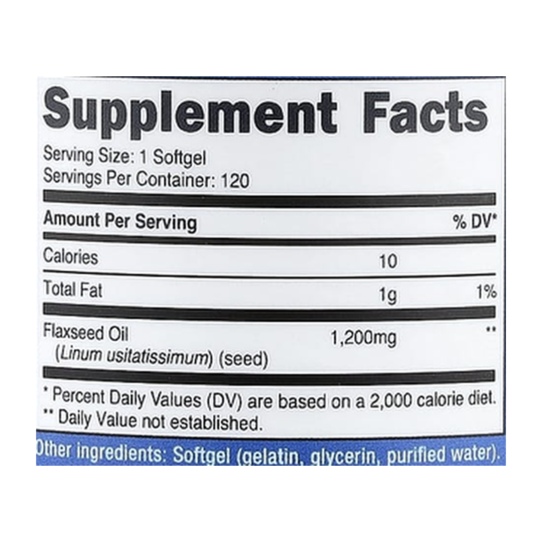 Nutricost, Flaxseed Oil, 1,200 mg, 120 Softgels supplement facts label showing ingredients, vitamins, minerals, and serving information