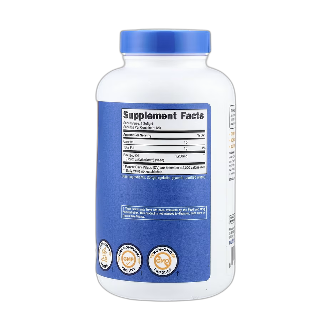 Nutricost, Flaxseed Oil, 1,200 mg, 120 Softgels back packaging view