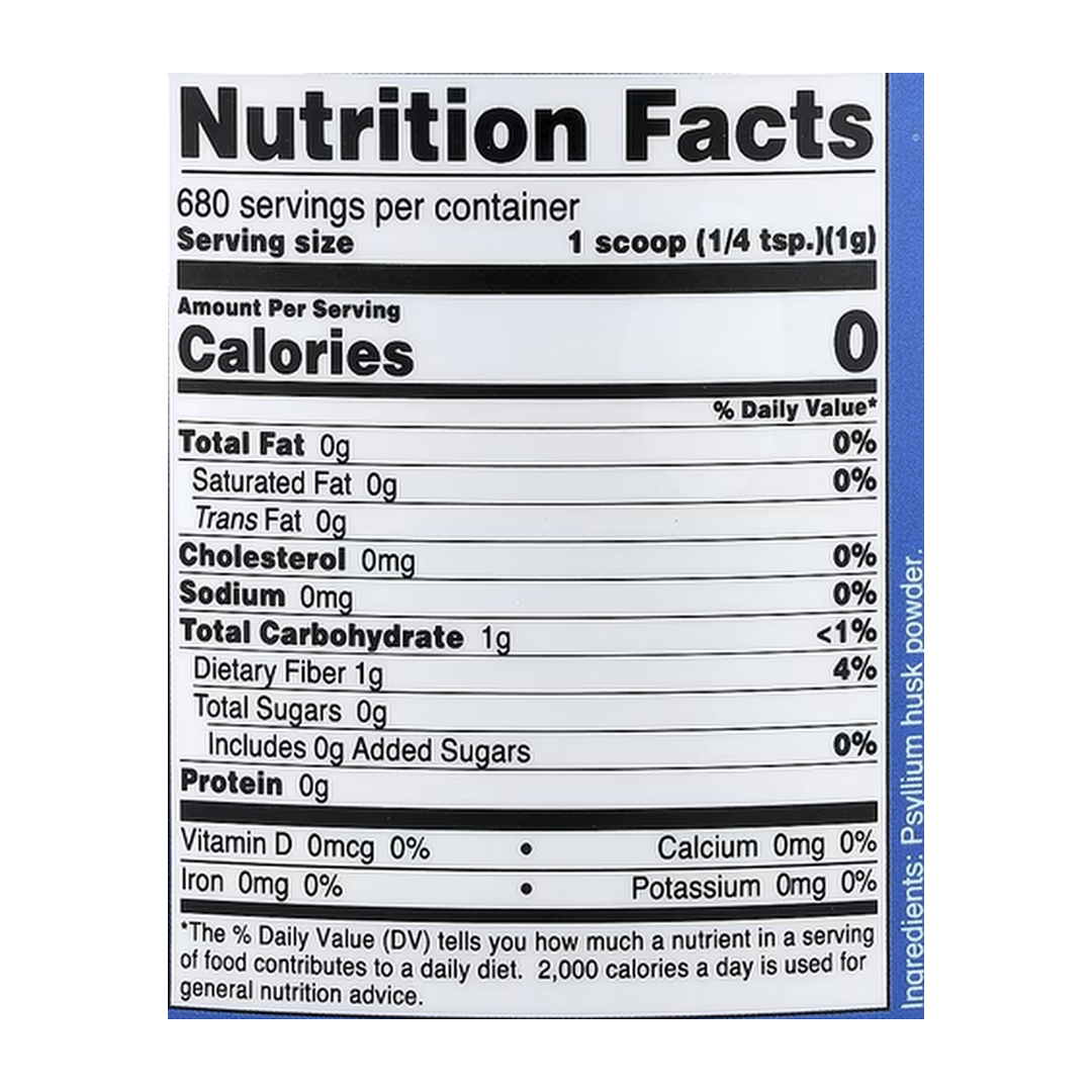 Nutricost, Psyllium Husk, Unflavored, 24.3 oz, 680 g supplement facts label showing ingredients, vitamins, minerals, and serving information