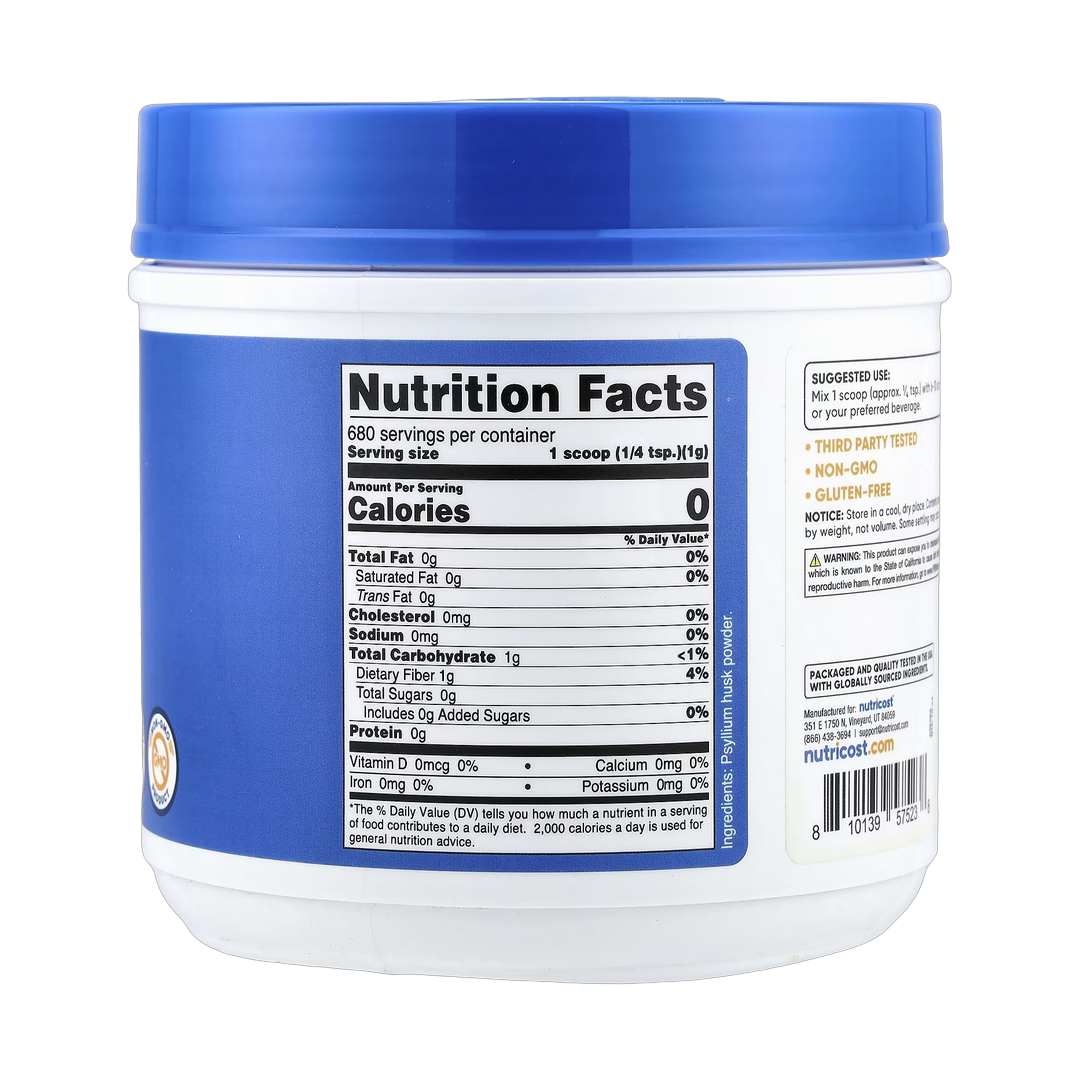 Nutricost, Psyllium Husk, Unflavored, 24.3 oz, 680 g back packaging view