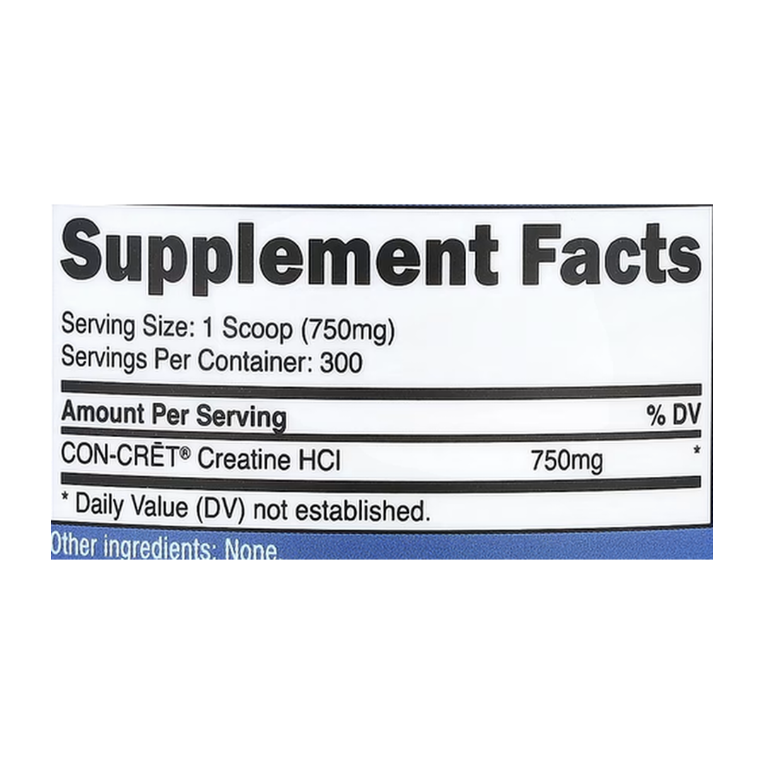 Nutricost, Creatine HCl, Unflavored, 8 oz, 225 g supplement facts label showing ingredients, vitamins, minerals, and serving information