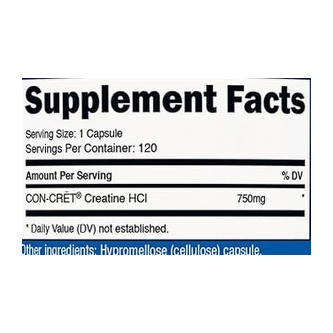 Nutricost, Creatine HCl, 120 Capsules supplement facts label showing ingredients, vitamins, minerals, and serving information