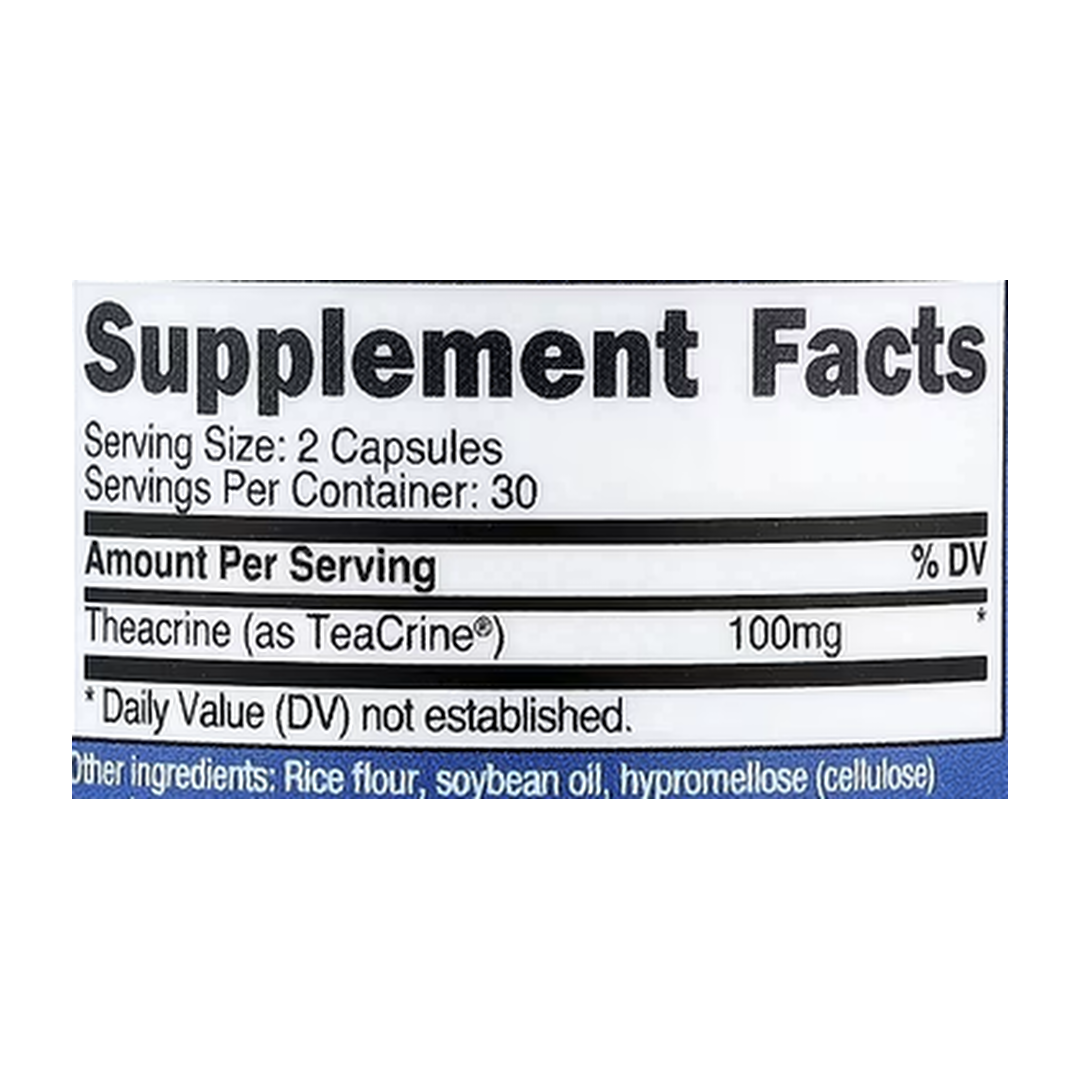 Nutricost, Theacrine as Teacrine, 60 Capsules supplement facts label showing ingredients, vitamins, minerals, and serving information