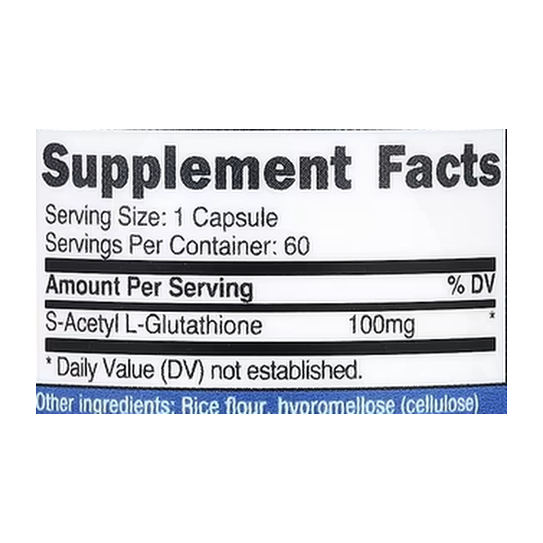 Nutricost, S-Acetyl L-Glutathione, 100 mg, 60 Capsules supplement facts label showing ingredients, vitamins, minerals, and serving information