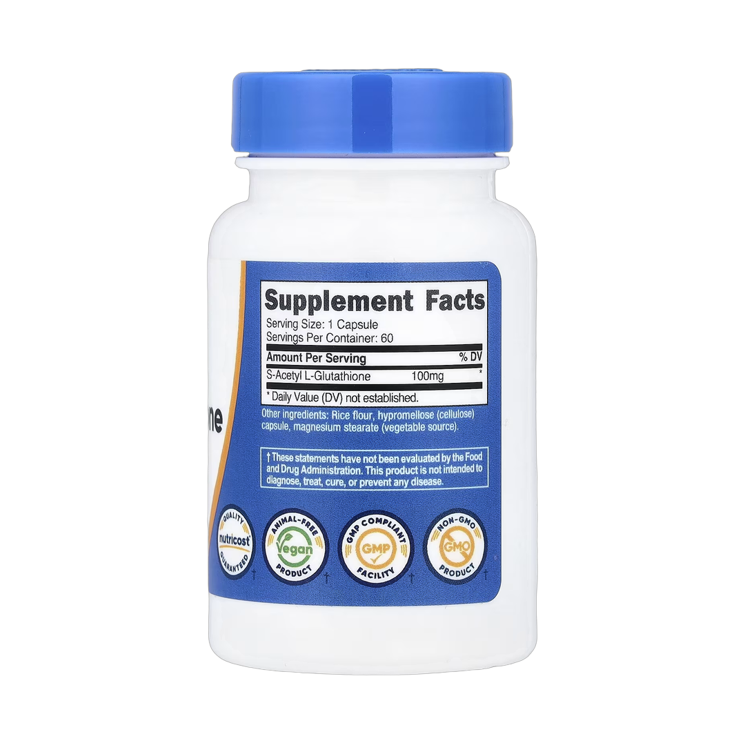 Nutricost, S-Acetyl L-Glutathione, 100 mg, 60 Capsules back packaging view
