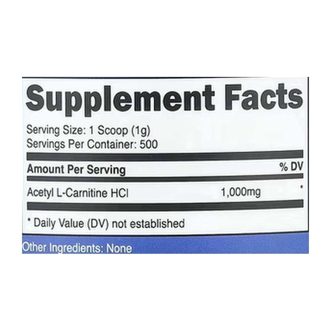 Nutricost, Acetyl L-Carnitine, Unflavored , 1.1 lb, 500 g supplement facts label showing ingredients, vitamins, minerals, and serving information