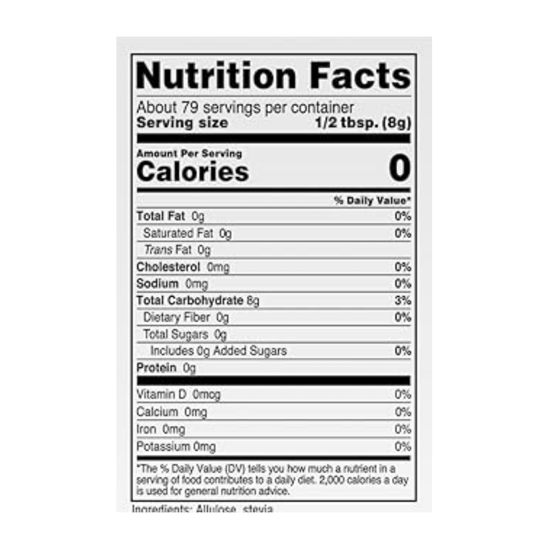 Nutricost, Pantry Stevia With Allulose, 22.7 oz, 635 g supplement facts label showing ingredients, vitamins, minerals, and serving information