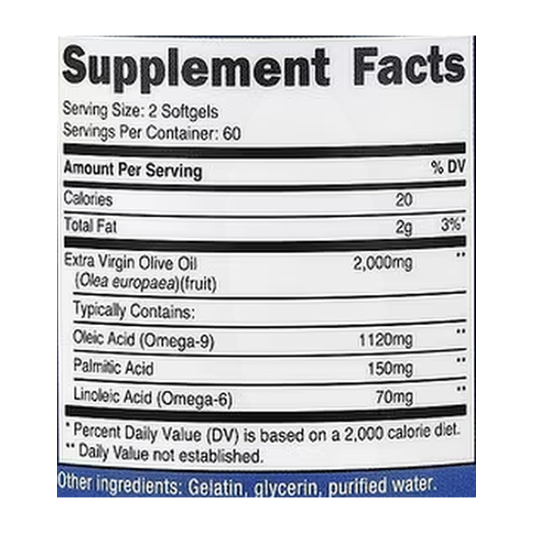 Nutricost, Extra Virgin Olive Oil, 120 Softgels supplement facts label showing ingredients, vitamins, minerals, and serving information