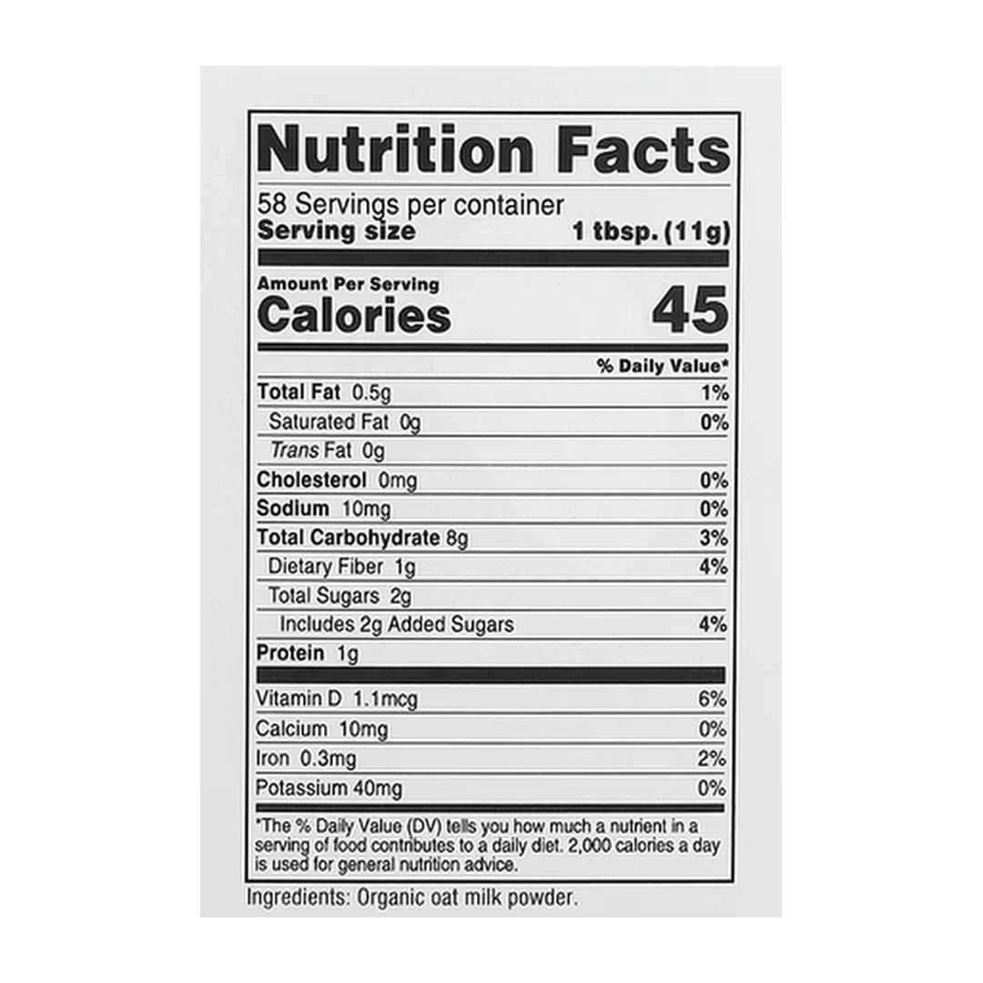 Nutricost, Pantry, Organic Oat Milk Powder, 22.7 oz, 635 g supplement facts label showing ingredients, vitamins, minerals, and serving information