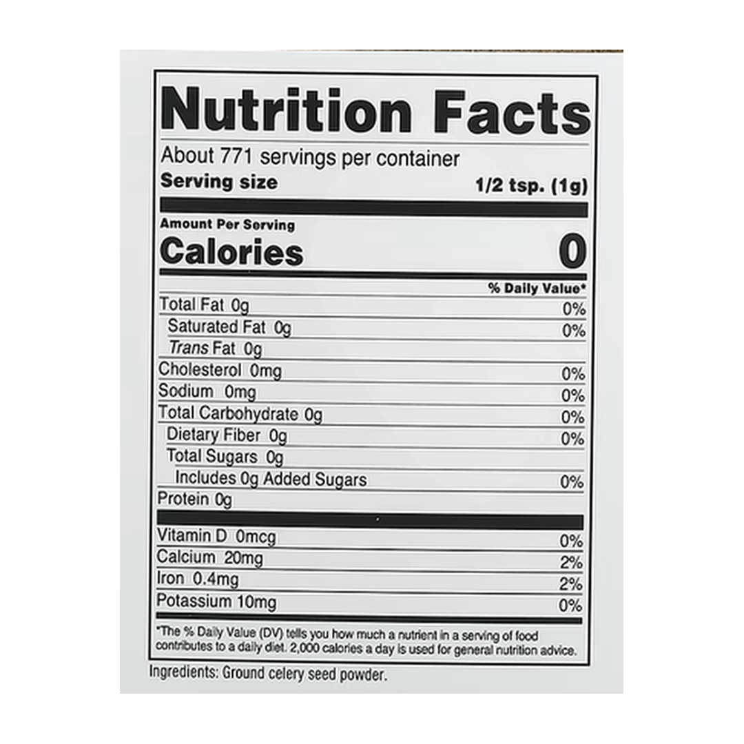 Nutricost, Pantry, Ground Celery Seed, 27.5 oz, 771 g supplement facts label showing ingredients, vitamins, minerals, and serving information