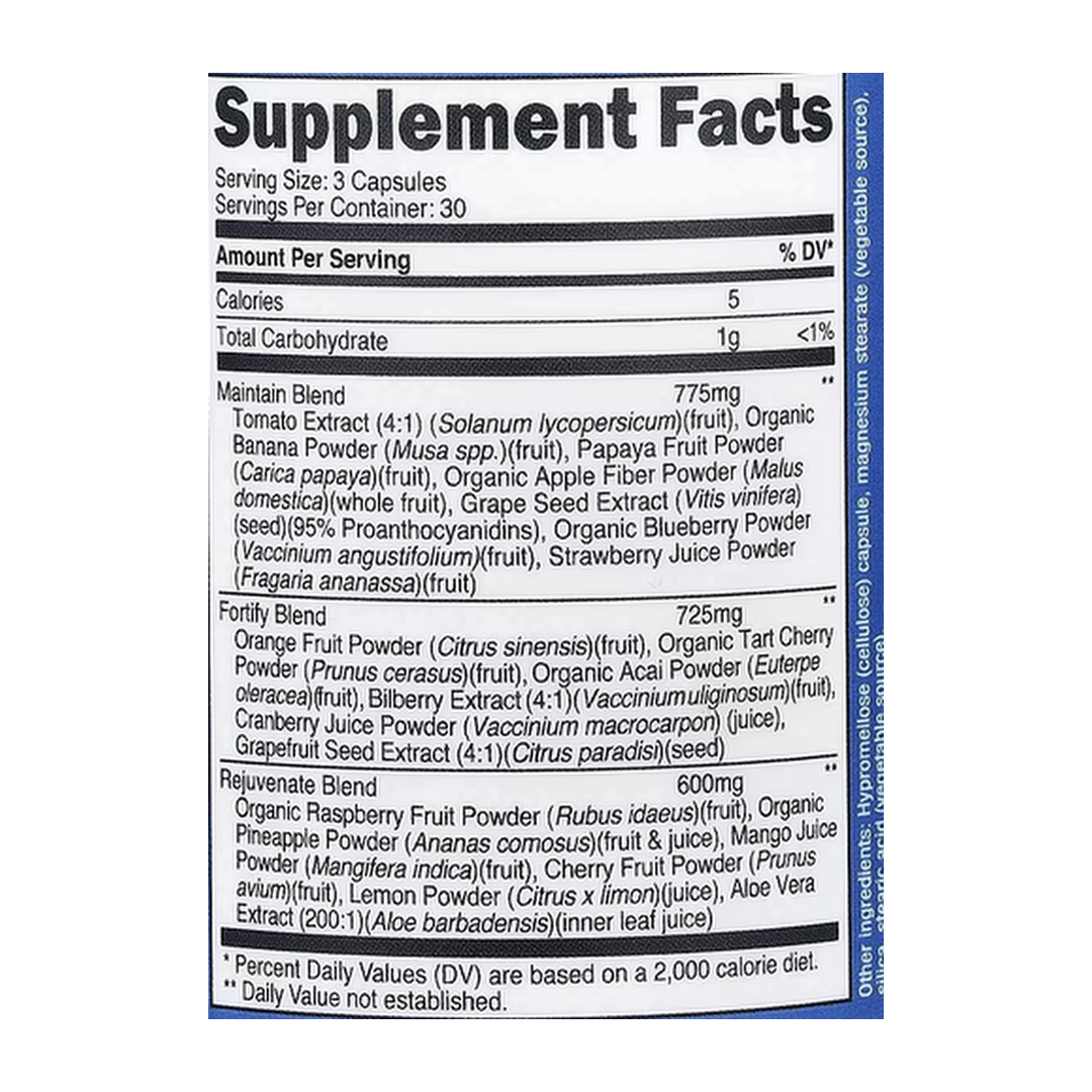 Nutricost, Daily Fruits, 90 Capsules supplement facts label showing ingredients, vitamins, minerals, and serving information