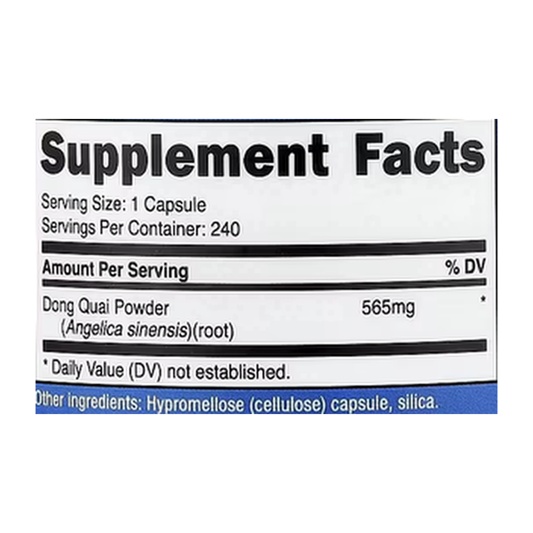 Nutricost, Dong Quai , 565 mg, 240 Capsules supplement facts label showing ingredients, vitamins, minerals, and serving information