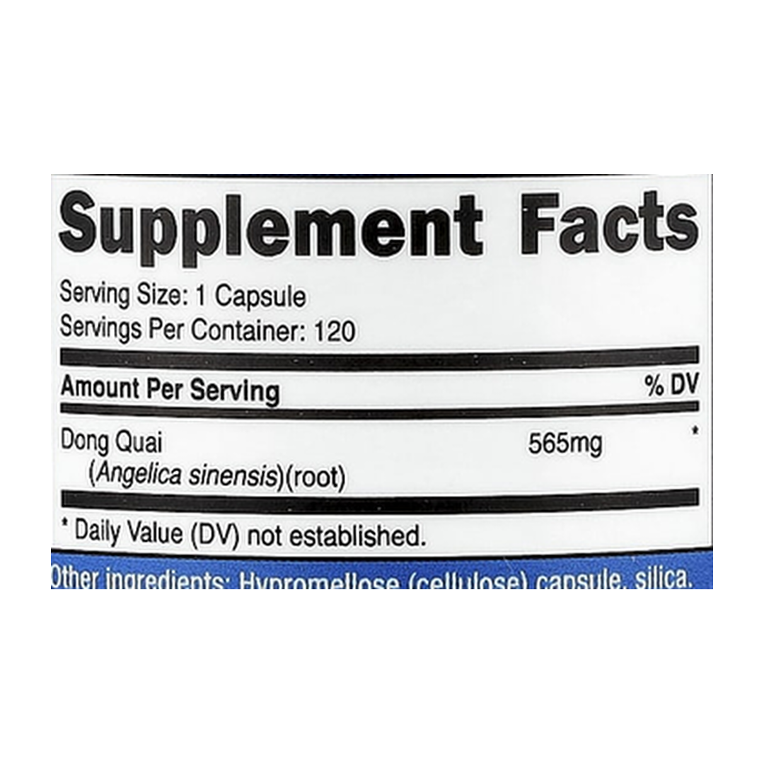 Nutricost, Dong Quai, 565 mg , 120 Capsules supplement facts label showing ingredients, vitamins, minerals, and serving information