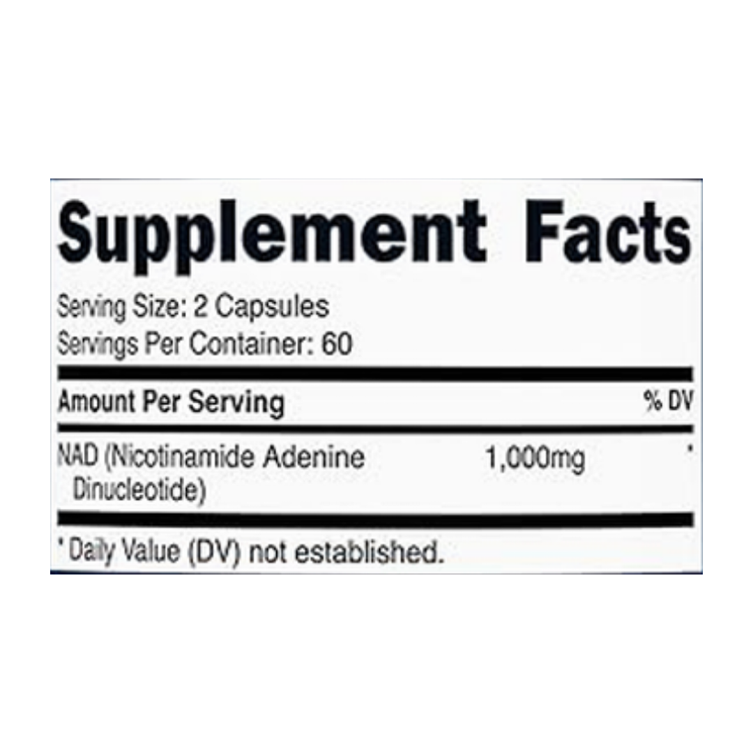 Nutricost, NAD+, Nicotinamide Adenine Dinucleotide, 1,000 mg, 120 Capsules supplement facts label showing ingredients, vitamins, minerals, and serving information
