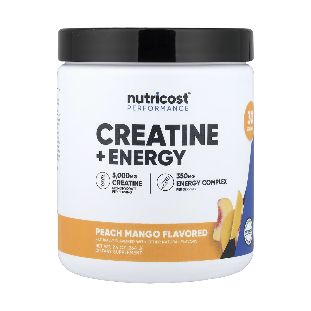 Nutricost, Performance, Creatine + Energy, Peach Mango, 9.4 oz, 264 g front packaging view