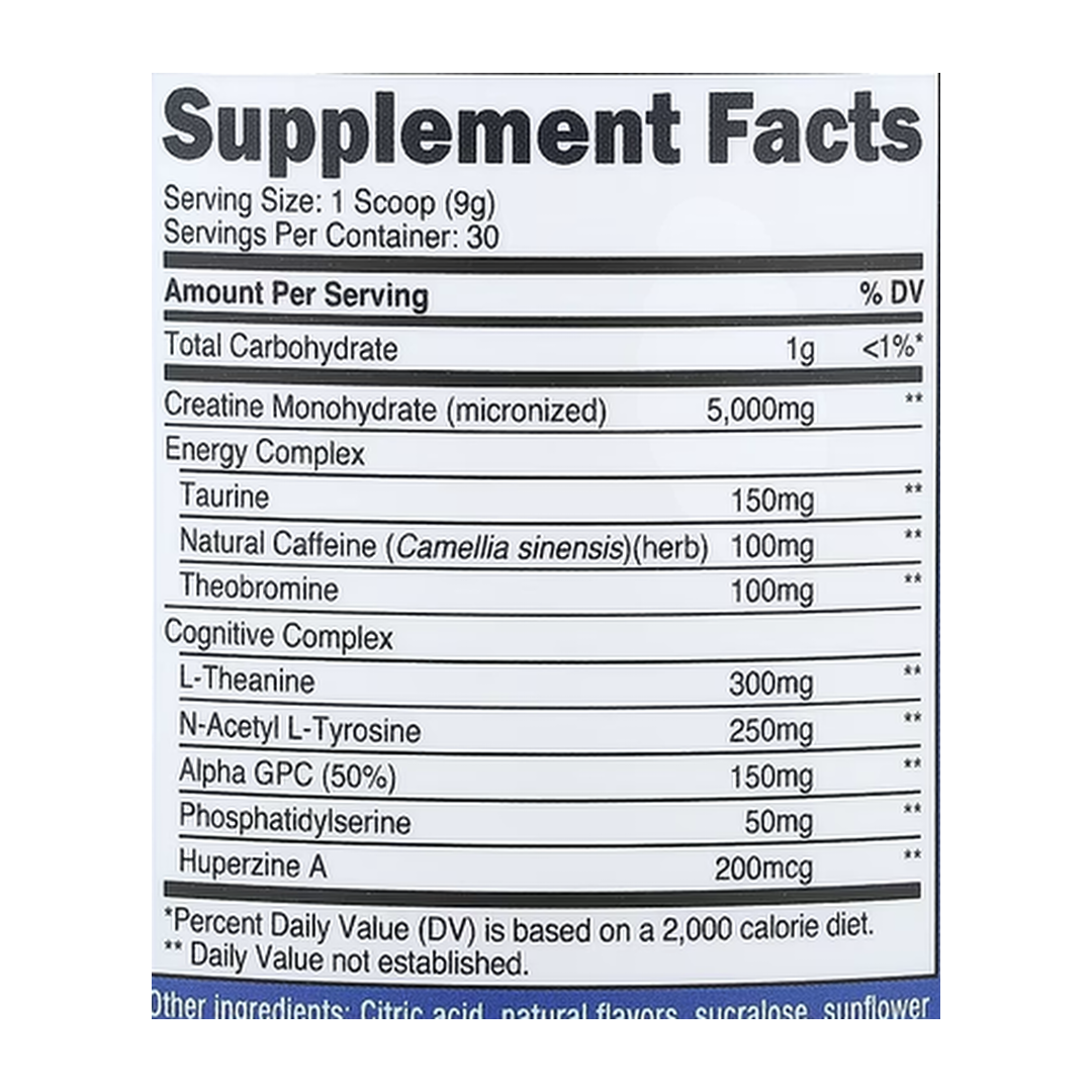 Nutricost, Performance, Creatine + Energy, Peach Mango, 9.4 oz, 264 g supplement facts label showing ingredients, vitamins, minerals, and serving information