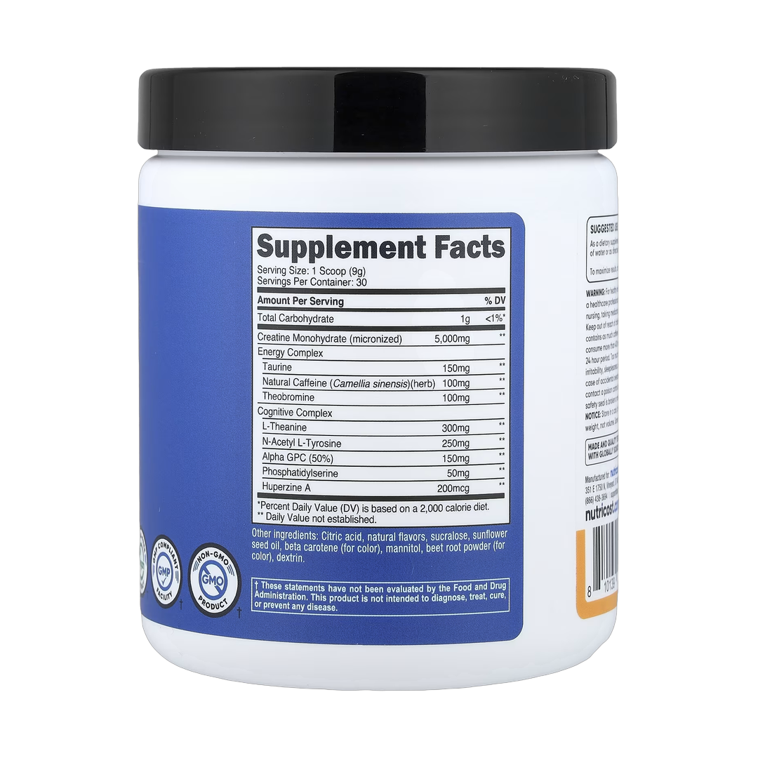 Nutricost, Performance, Creatine + Energy, Peach Mango, 9.4 oz, 264 g back packaging view