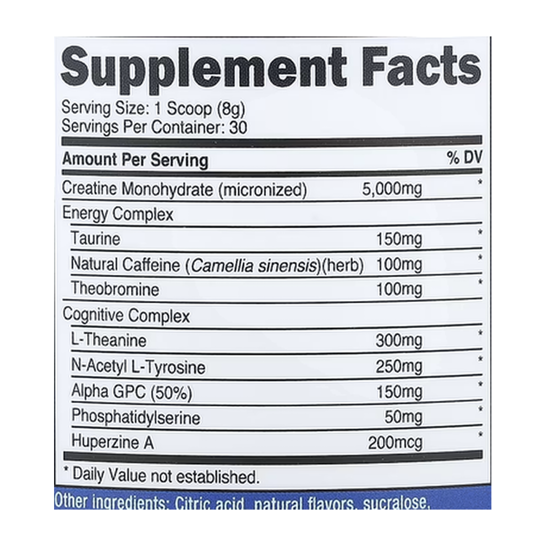 Nutricost, Performance, Creatine + Energy, Grape, 9 oz, 252 g supplement facts label showing ingredients, vitamins, minerals, and serving information