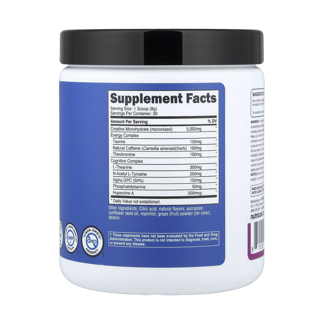 Nutricost, Performance, Creatine + Energy, Grape, 9 oz, 252 g back packaging view