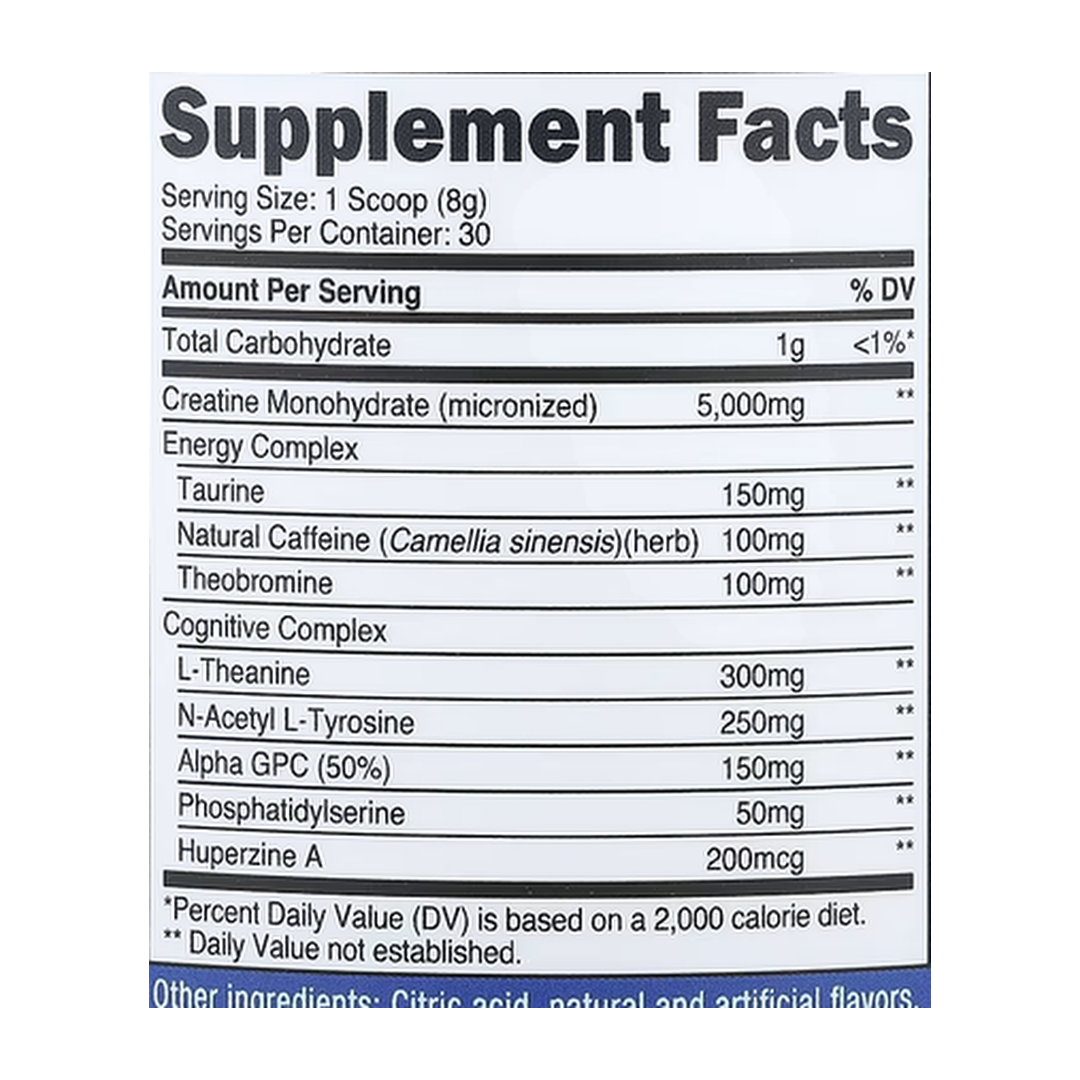 Nutricost, Performance, Creatine + Energy, Watermelon, 9 oz, 252 g supplement facts label showing ingredients, vitamins, minerals, and serving information