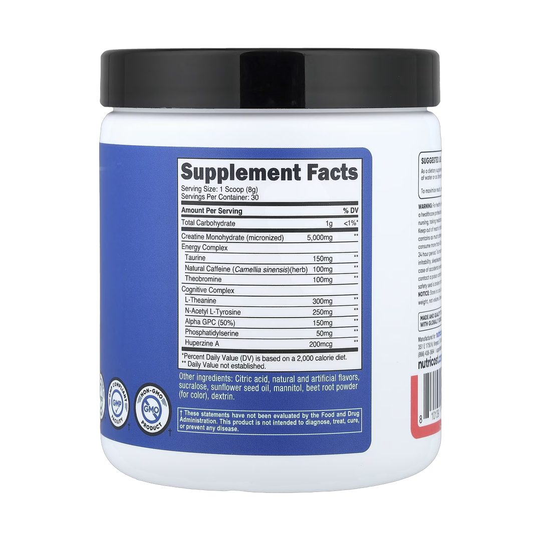 Nutricost, Performance, Creatine + Energy, Watermelon, 9 oz, 252 g back packaging view