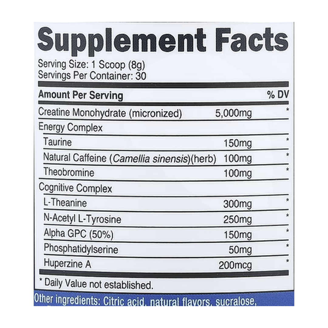 Nutricost, Performance, Creatine + Energy, Fruit Punch, 9 oz, 252 g supplement facts label showing ingredients, vitamins, minerals, and serving information