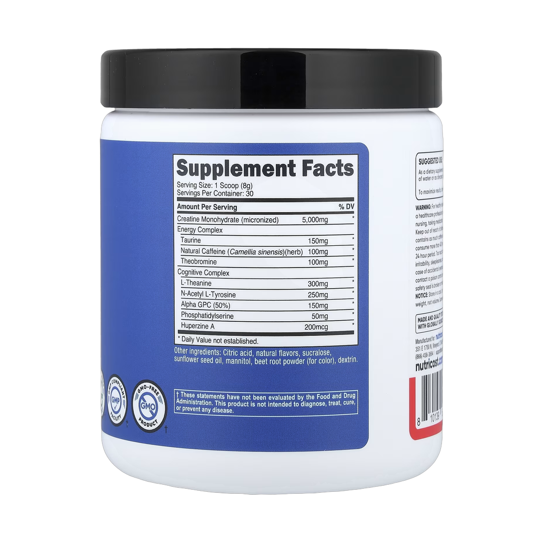 Nutricost, Performance, Creatine + Energy, Fruit Punch, 9 oz, 252 g back packaging view