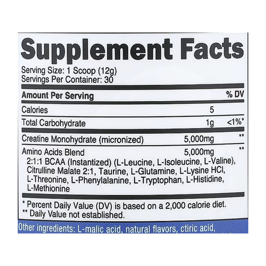 Nutricost, Performance, Creatine + Aminos, Peach Mango, 13.3 oz, 372 g supplement facts label showing ingredients, vitamins, minerals, and serving information