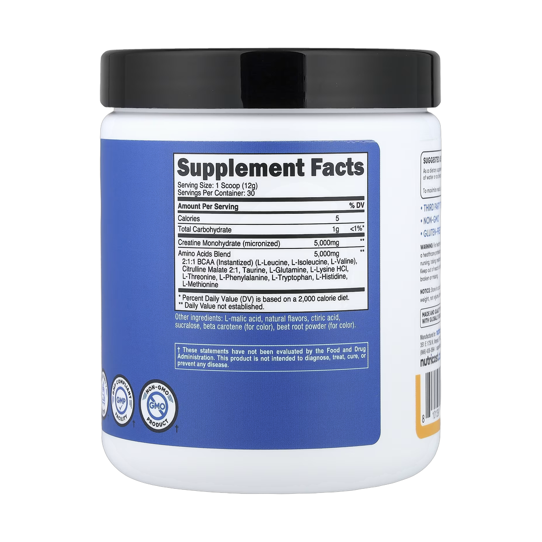 Nutricost, Performance, Creatine + Aminos, Peach Mango, 13.3 oz, 372 g back packaging view