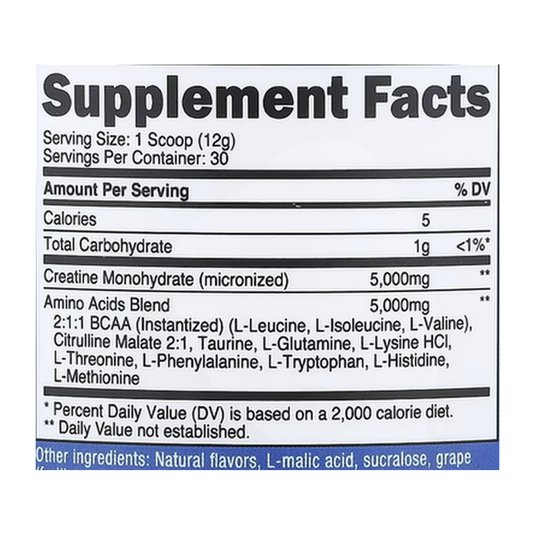 Nutricost, Performance, Creatine + Aminos, Grape, 13.3 oz, 372 g supplement facts label showing ingredients, vitamins, minerals, and serving information