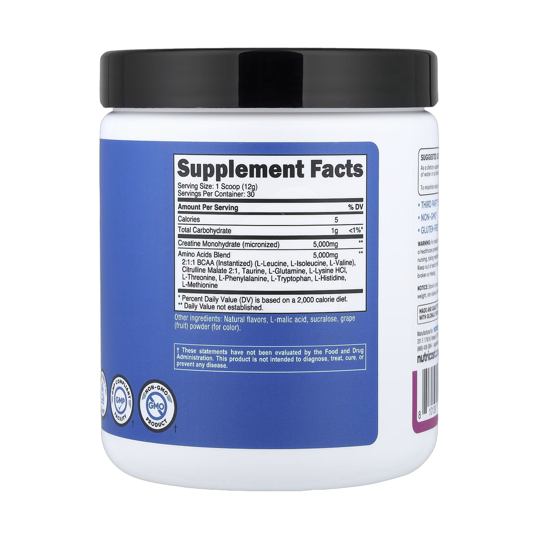 Nutricost, Performance, Creatine + Aminos, Grape, 13.3 oz, 372 g back packaging view