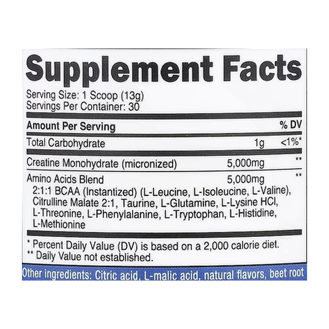 Nutricost, Performance, Creatine + Aminos, Fruit Punch, 13.8 oz, 387 g supplement facts label showing ingredients, vitamins, minerals, and serving information