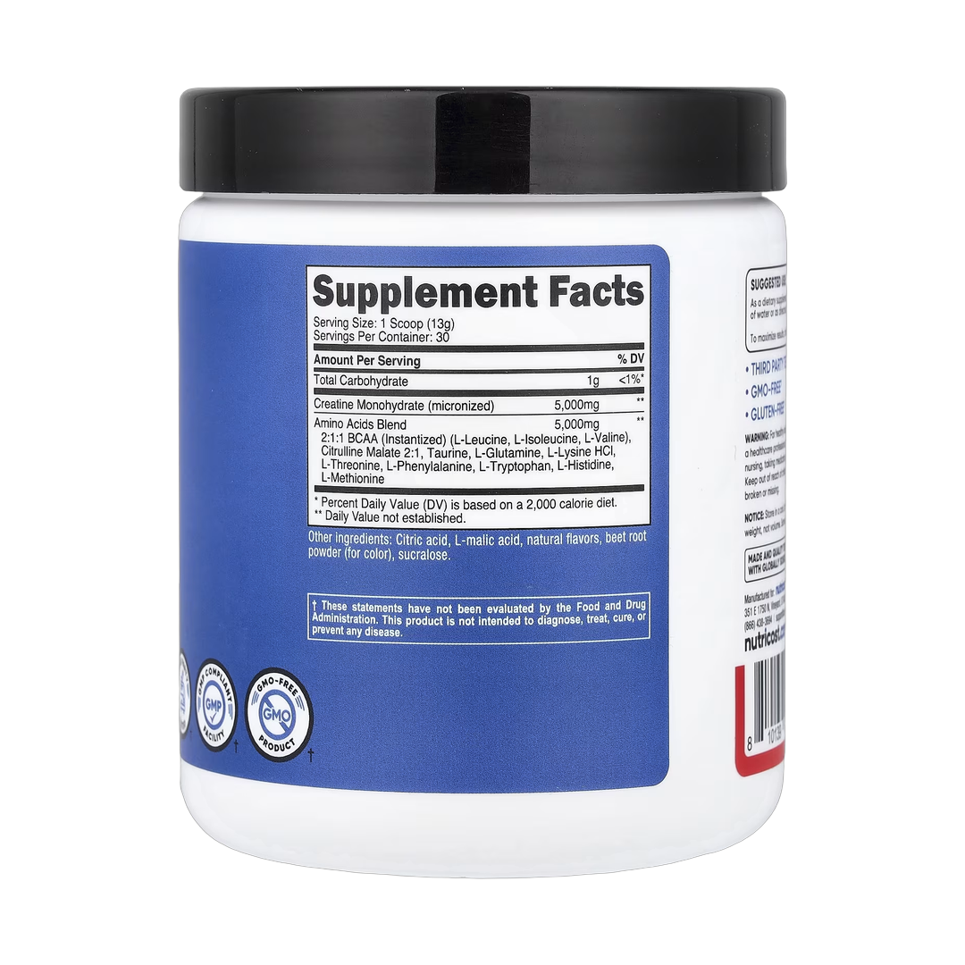 Nutricost, Performance, Creatine + Aminos, Fruit Punch, 13.8 oz, 387 g back packaging view