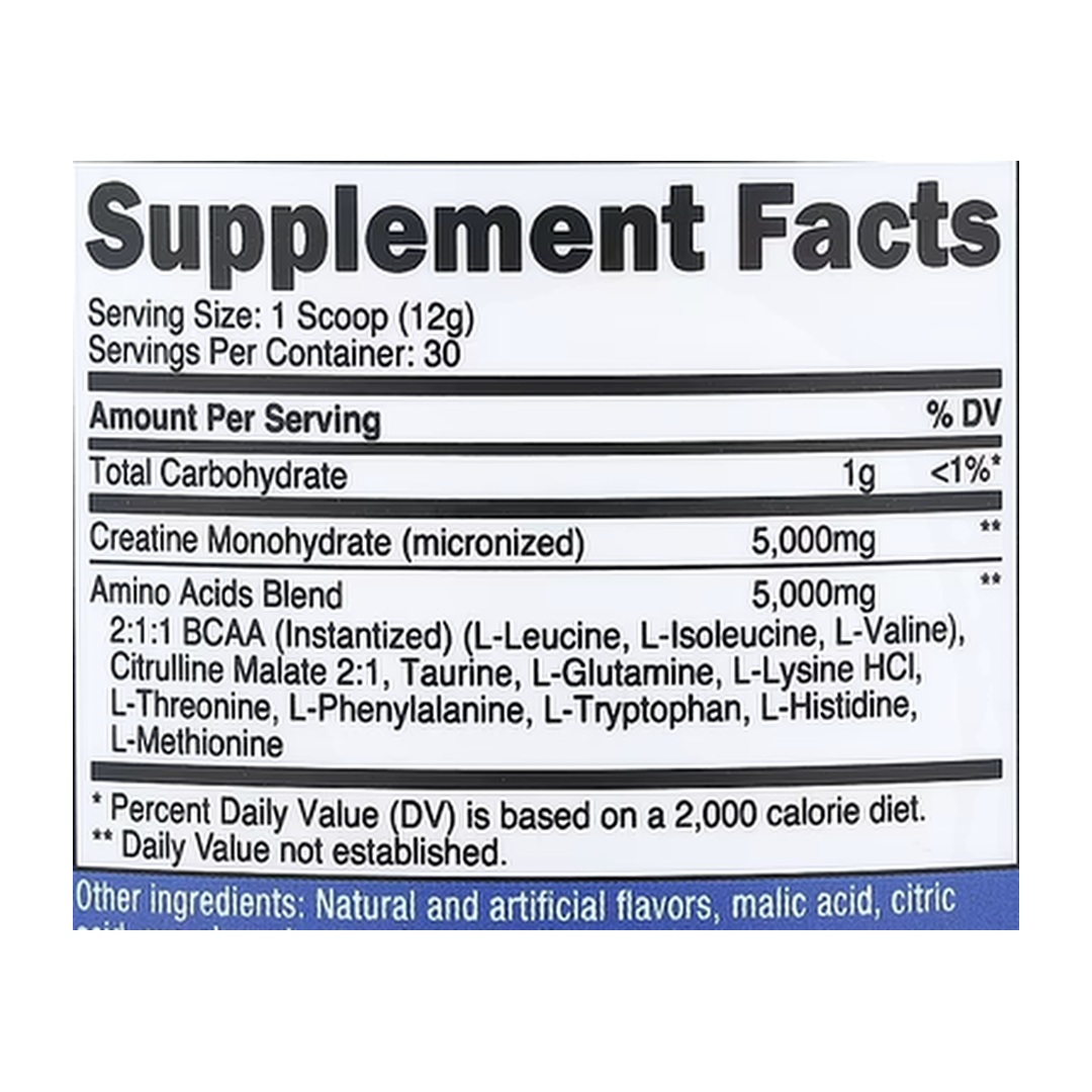 Nutricost, Performance, Creatine + Aminos, Watermelon, 13.2 oz, 369 g supplement facts label showing ingredients, vitamins, minerals, and serving information