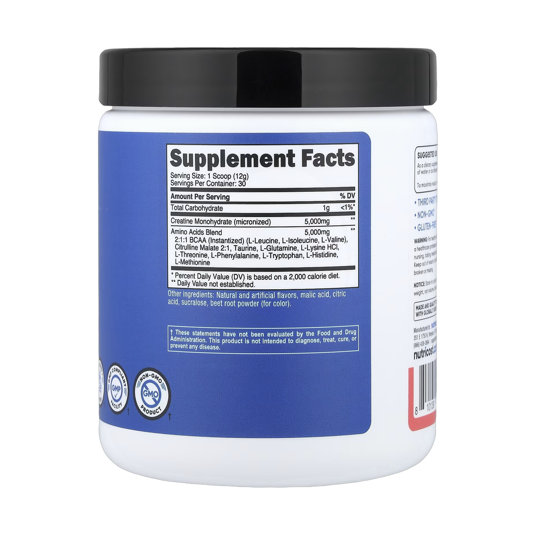 Nutricost, Performance, Creatine + Aminos, Watermelon, 13.2 oz, 369 g back packaging view