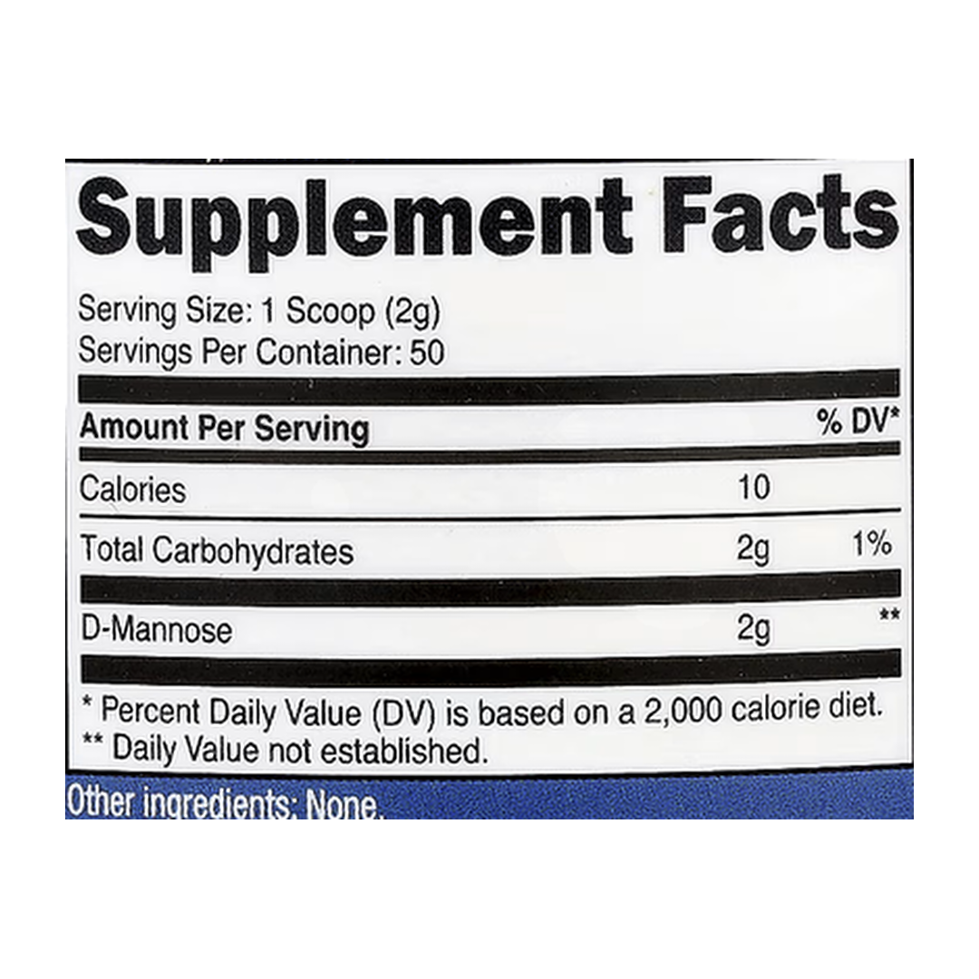Nutricost, D-Mannose, Unflavored , 3.6 oz, 100 g supplement facts label showing ingredients, vitamins, minerals, and serving information