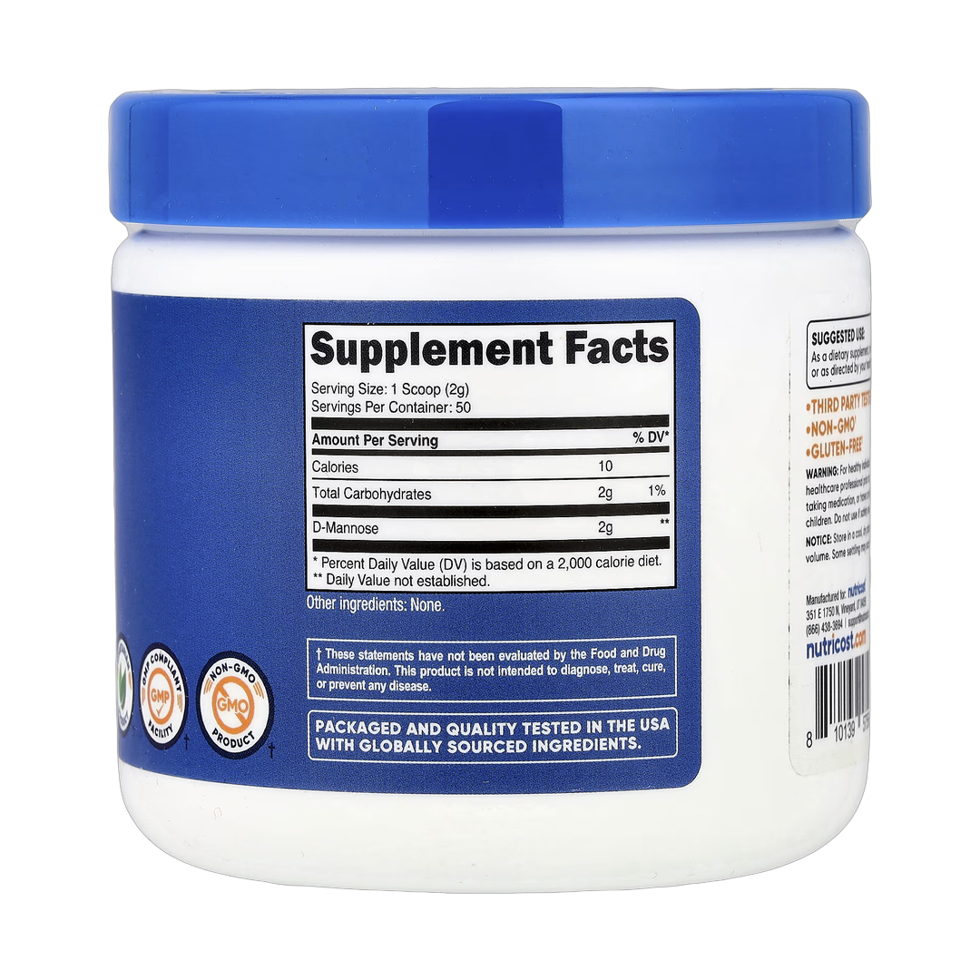 Nutricost, D-Mannose, Unflavored , 3.6 oz, 100 g back packaging view