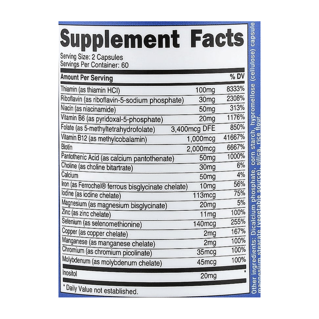 Nutricost, Methylated Vitamin B Complex, 120 Capsules supplement facts label showing ingredients, vitamins, minerals, and serving information