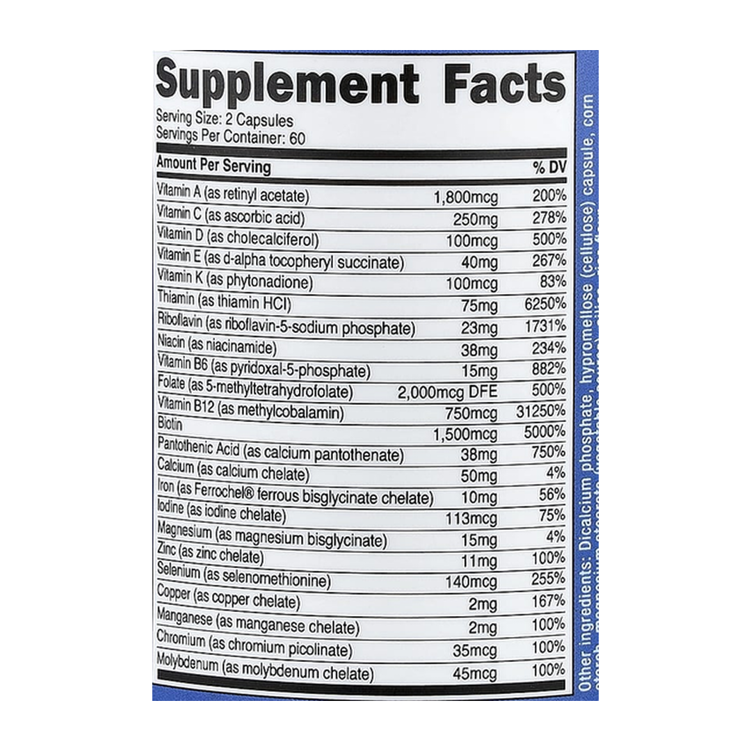 Nutricost Methylated Multivitamin 120 Capsules, 60 Servings supplement facts label showing ingredients, vitamins, minerals, and serving information