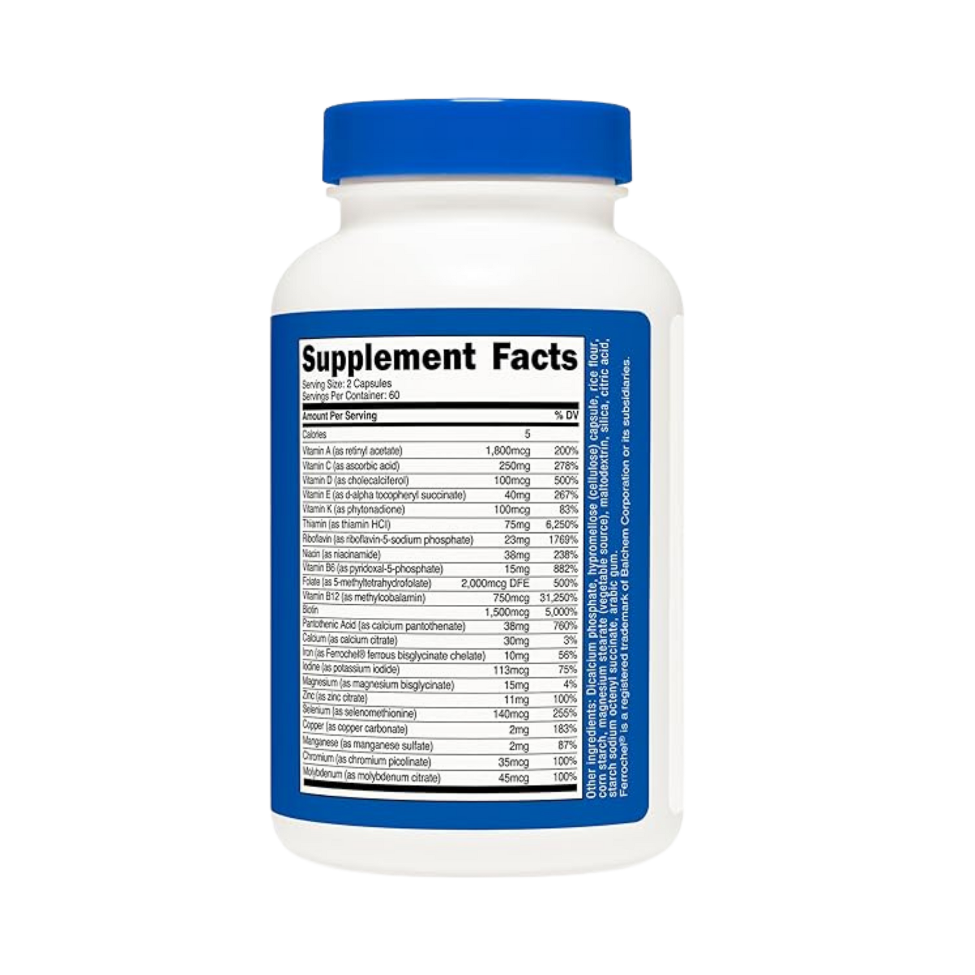 Nutricost Methylated Multivitamin 120 Capsules, 60 Servings back packaging view