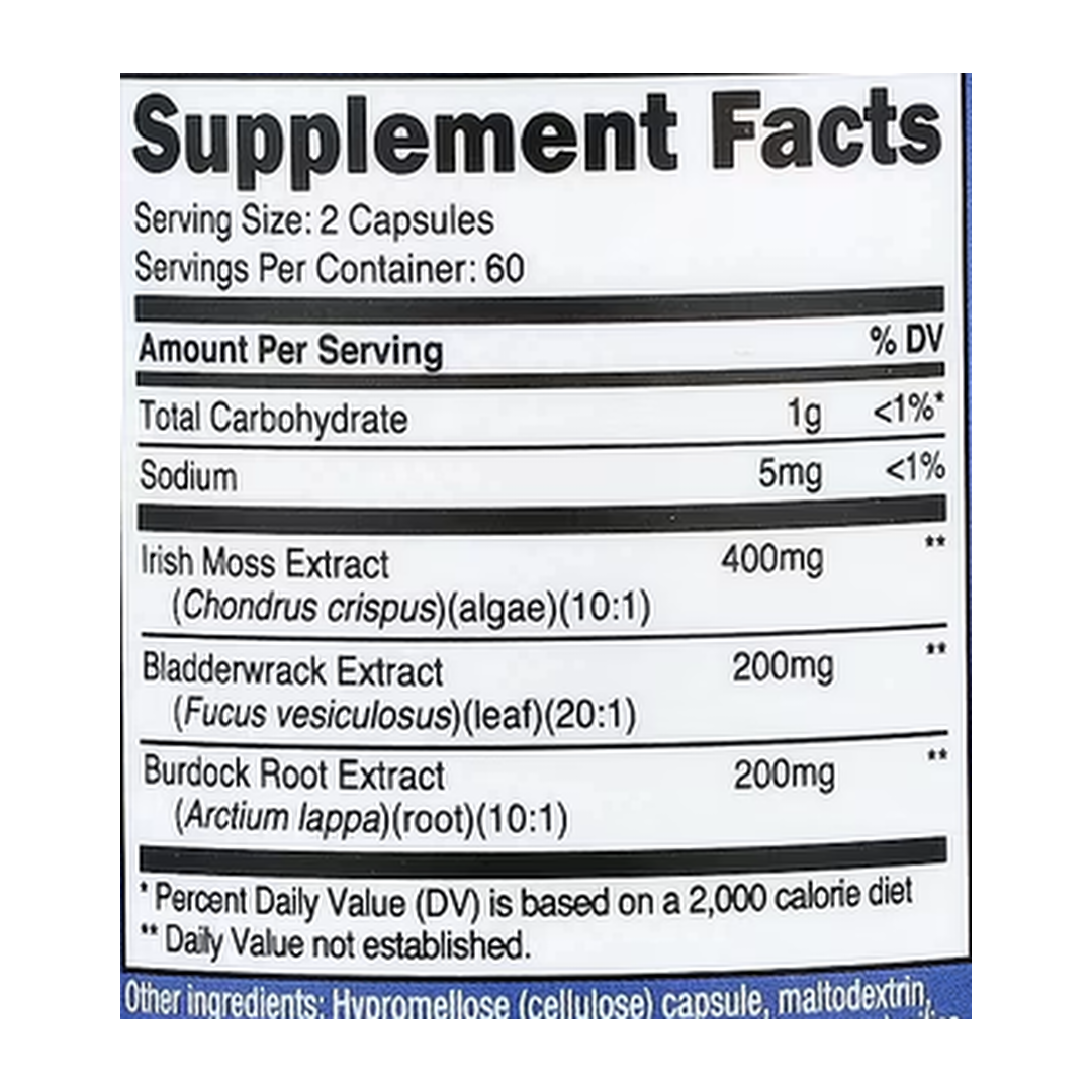 Nutricost, Irish Sea Moss, 120 Capsules supplement facts label showing ingredients, vitamins, minerals, and serving information