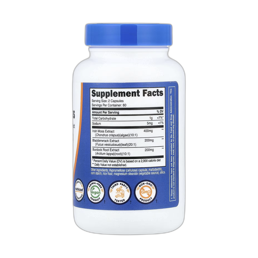 Nutricost, Irish Sea Moss, 120 Capsules back packaging view
