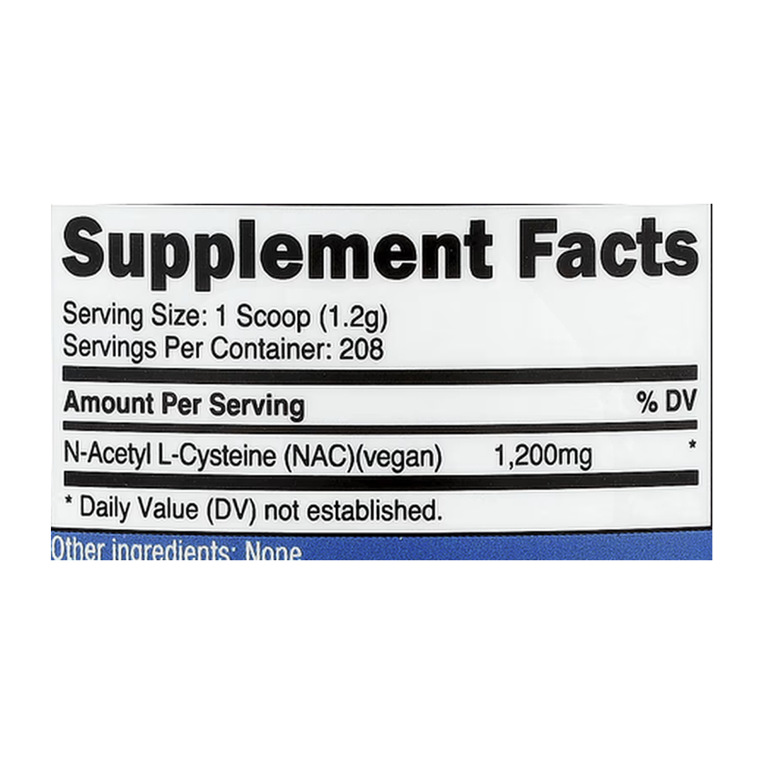 Nutricost, NAC, Unflavored , 8.9 oz, 250 g supplement facts label showing ingredients, vitamins, minerals, and serving information