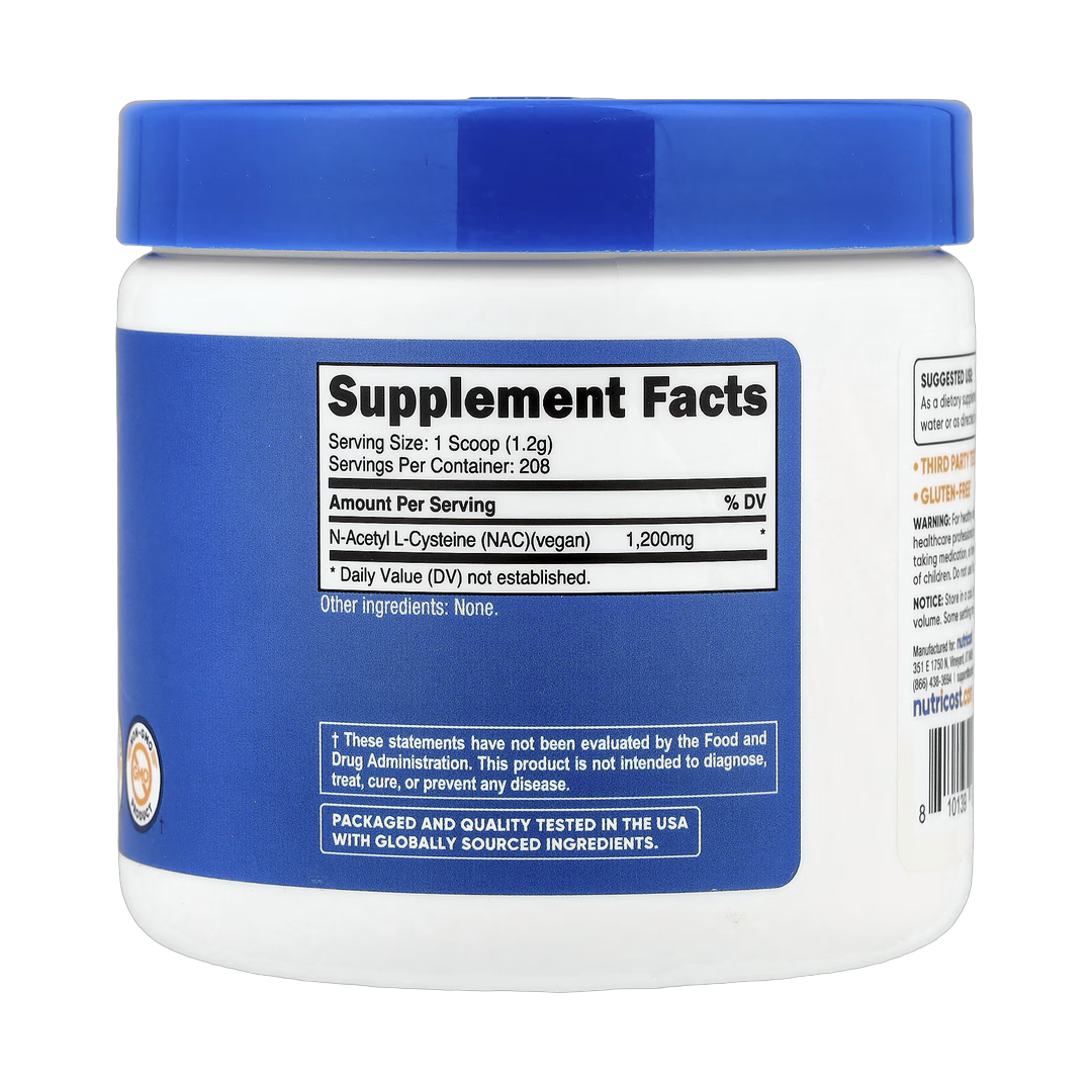 Nutricost, NAC, Unflavored , 8.9 oz, 250 g back packaging view