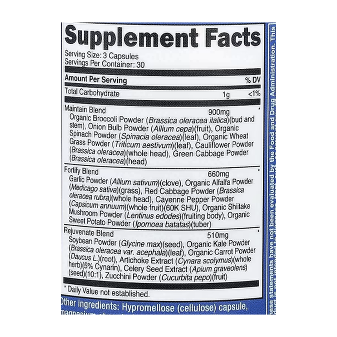 Nutricost, Daily Vegetables, 90 Capsules supplement facts label showing ingredients, vitamins, minerals, and serving information