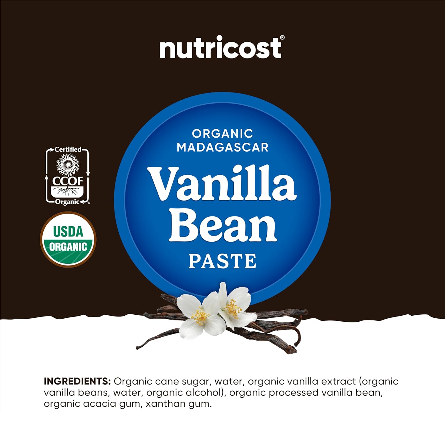 Nutricost Organic Madagascar Vanilla Bean Paste, 4 oz supplement facts label showing ingredients, vitamins, minerals, and serving information