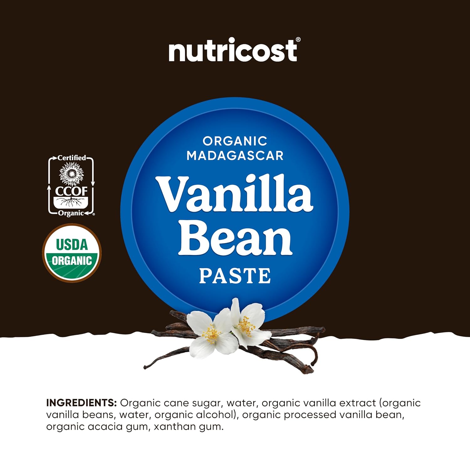 Nutricost, Organic Madagascar Vanilla Bean Paste, 8 oz supplement facts label showing ingredients, vitamins, minerals, and serving information