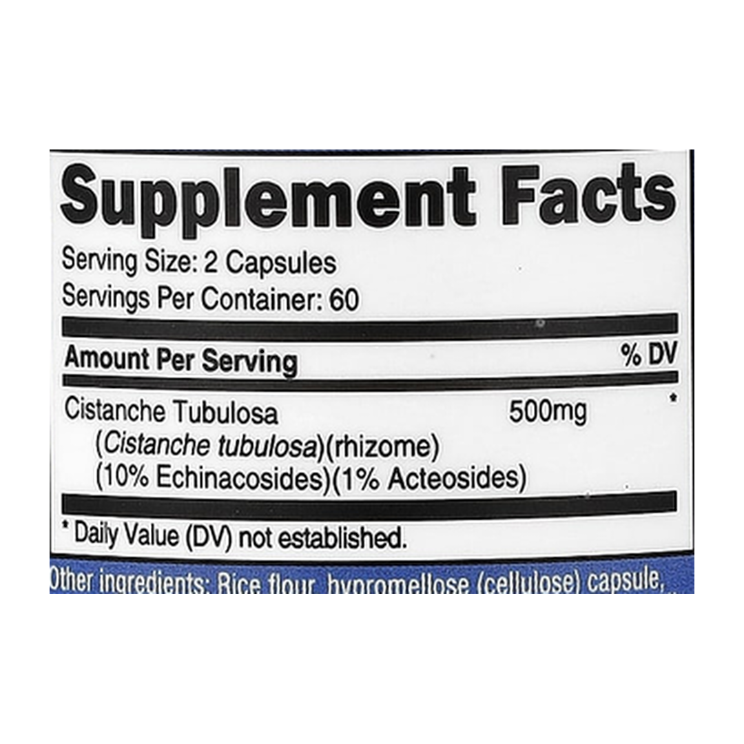 Nutricost, Cistanche Tubulosa, 120 Capsules supplement facts label showing ingredients, vitamins, minerals, and serving information
