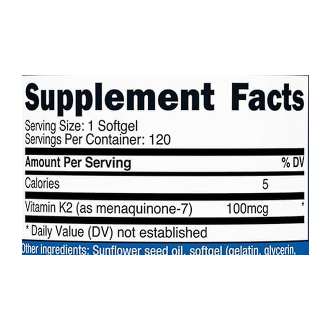 Nutricost, Vitamin K2 MK-7, 100 mcg, 120 Softgels supplement facts label showing ingredients, vitamins, minerals, and serving information